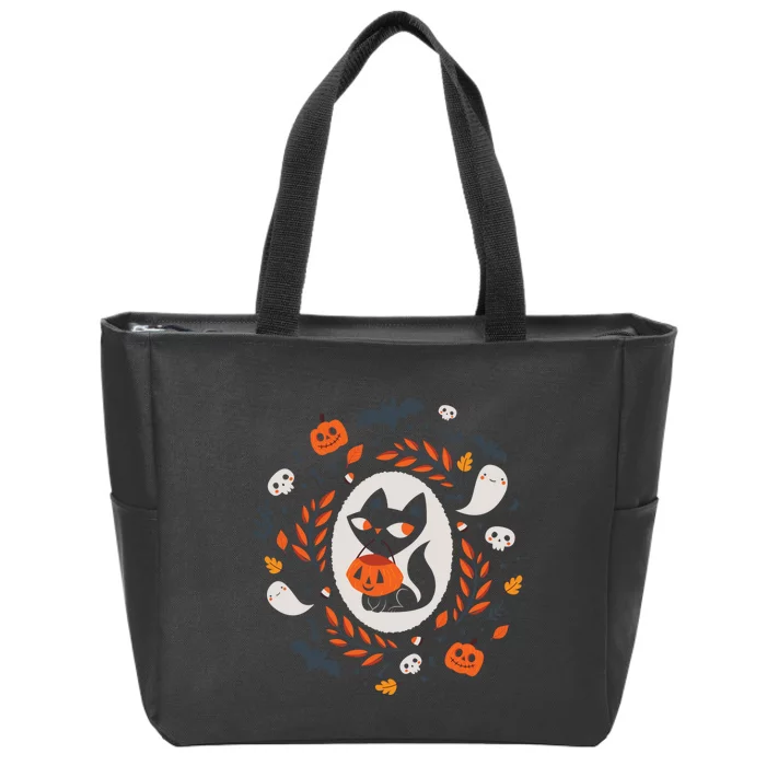 Cute Retro Black Cat Fall Halloween Zip Tote Bag