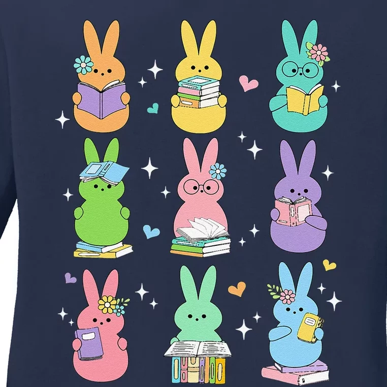 Cute Reading Bunny Bookworm Reader Teacher Rabbit Book Lover Ladies Long Sleeve Shirt