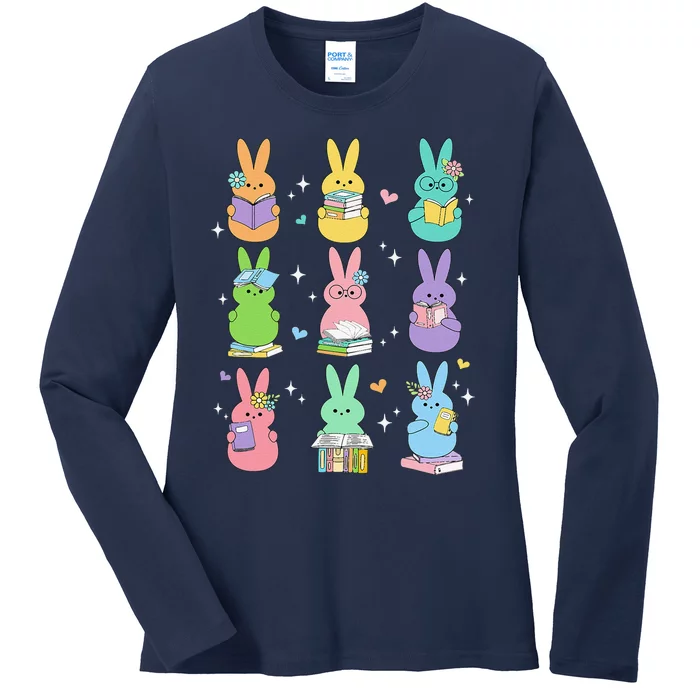 Cute Reading Bunny Bookworm Reader Teacher Rabbit Book Lover Ladies Long Sleeve Shirt