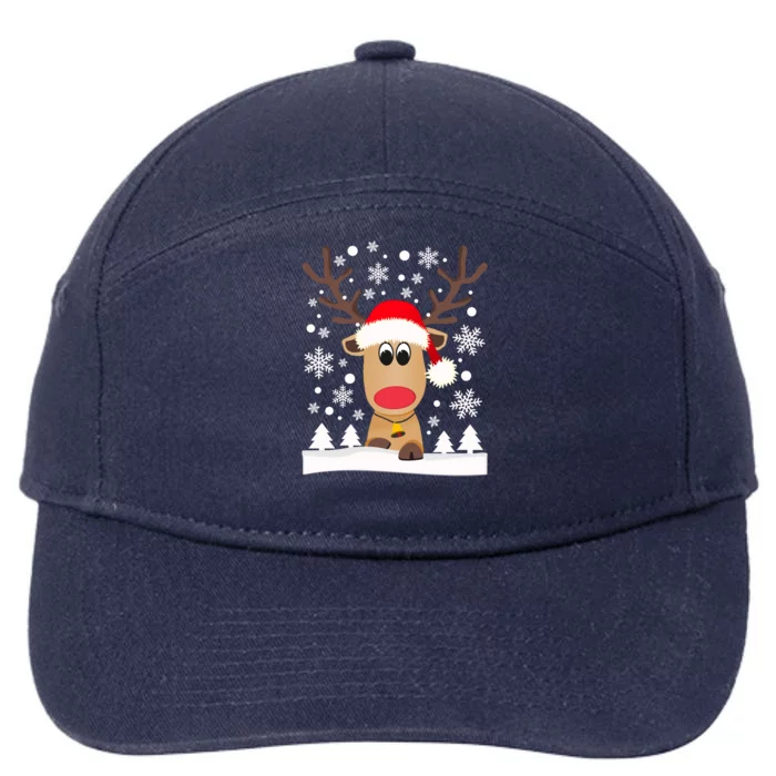 Cute Reindeer Christmas Elk Red Santa Hat Snow Snowflakes Gift 7-Panel Snapback Hat