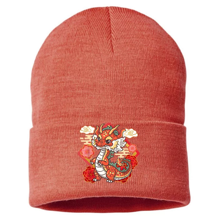 Cute Red Chinese New Year Of The Dragon 2024 Lunar Zodiac Sustainable Knit Beanie