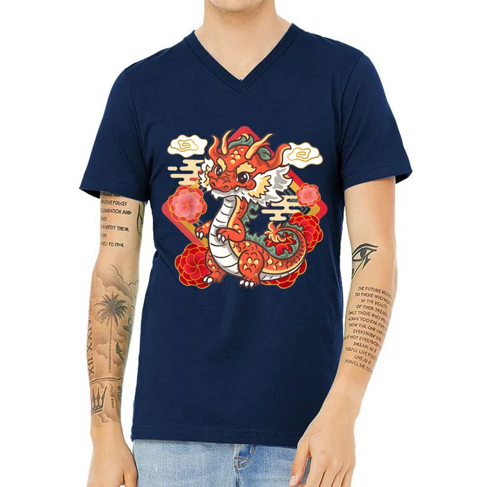 Cute Red Chinese New Year Of The Dragon 2024 Lunar Zodiac V-Neck T-Shirt