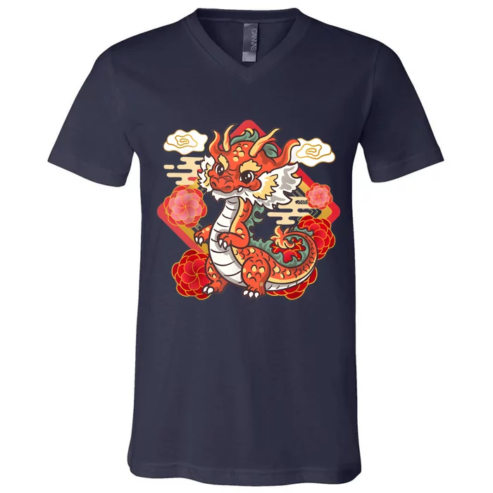 Cute Red Chinese New Year Of The Dragon 2024 Lunar Zodiac V-Neck T-Shirt