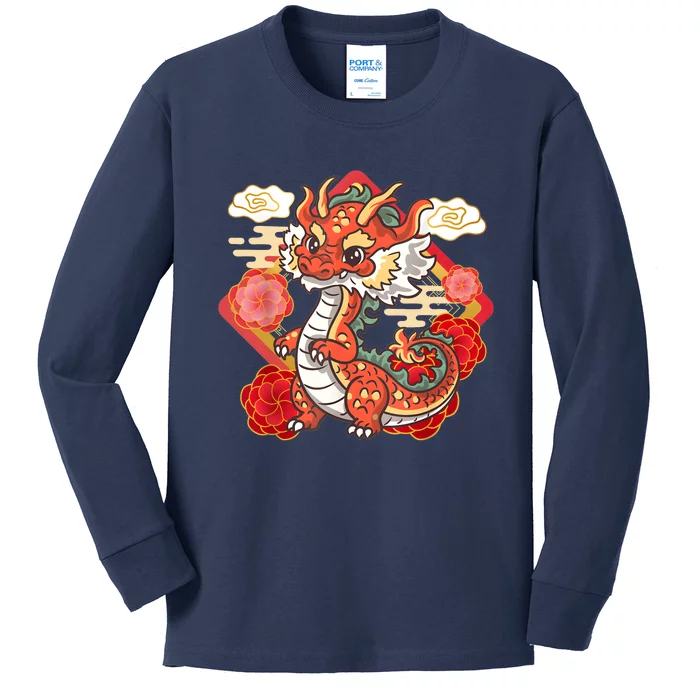 Cute Red Chinese New Year Of The Dragon 2024 Lunar Zodiac Kids Long Sleeve Shirt