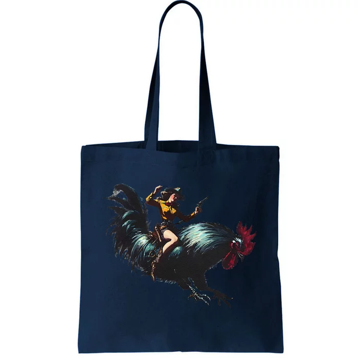 Cow Riding Chicken Funny Retro Rodeo Rooster Tote Bag