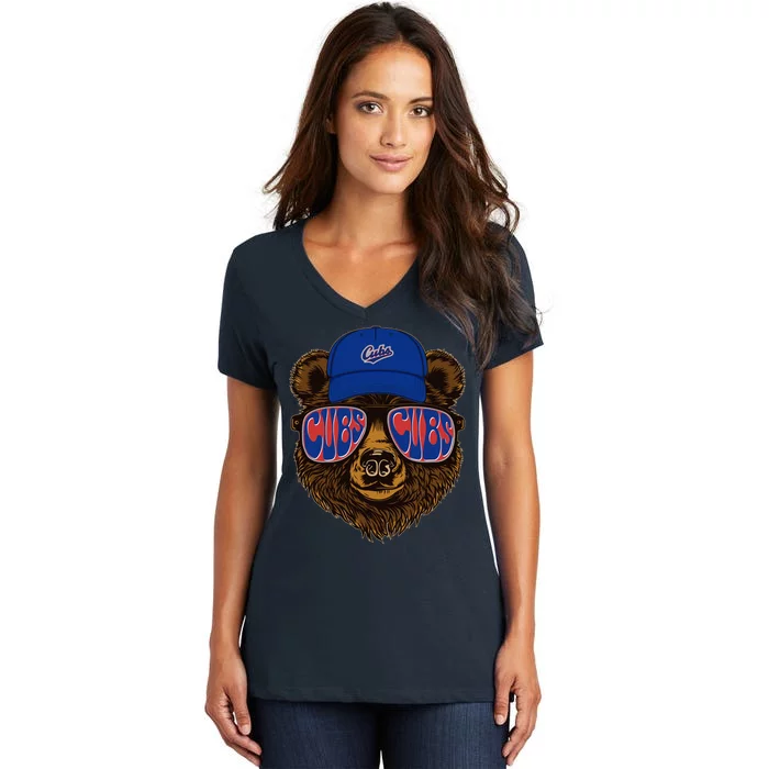 Cool Retro Cubs Bear Women's V-Neck T-Shirt