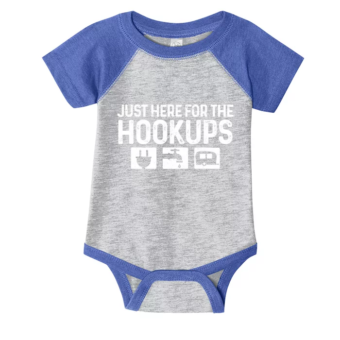 Camping Rv Caravan Motorhome Just Here For The Hookups Funny Cute Gift Infant Baby Jersey Bodysuit