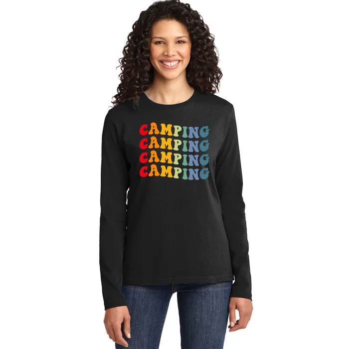 Camping Retro Camping Vibes Summer 70's Style Ladies Long Sleeve Shirt