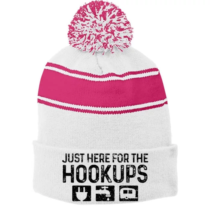 Camping Rv Caravan Motorhome Just Here For The Hookups Stripe Pom Pom Beanie