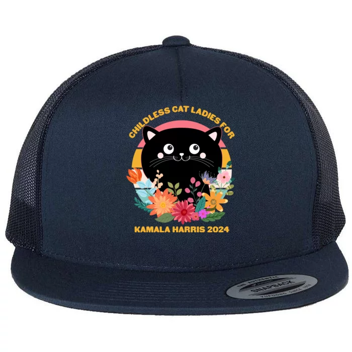 Cute Retro Childless Cat Ladies For Kamala Harris 2024 Election Flat Bill Trucker Hat