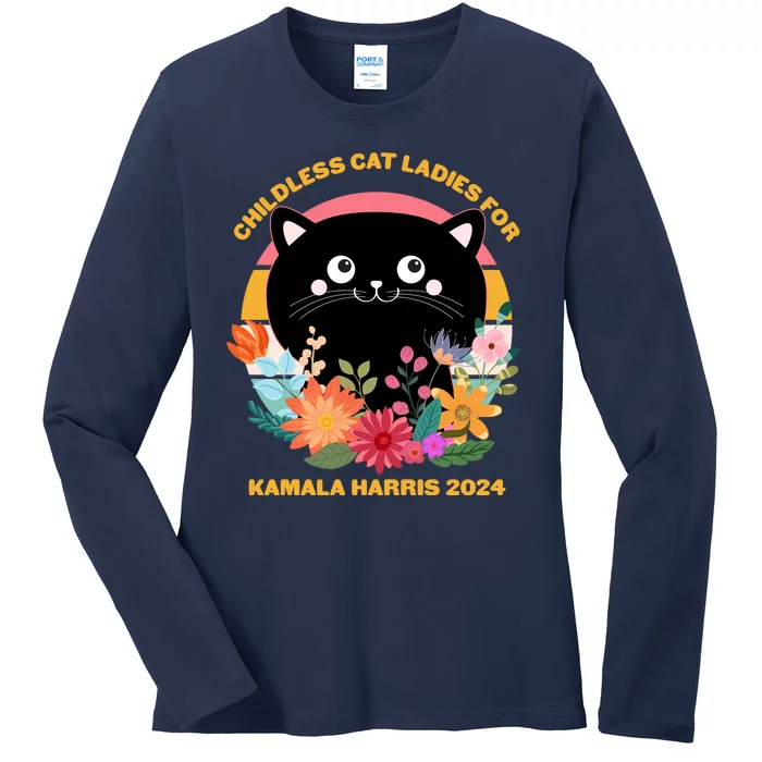 Cute Retro Childless Cat Ladies For Kamala Harris 2024 Election Ladies Long Sleeve Shirt