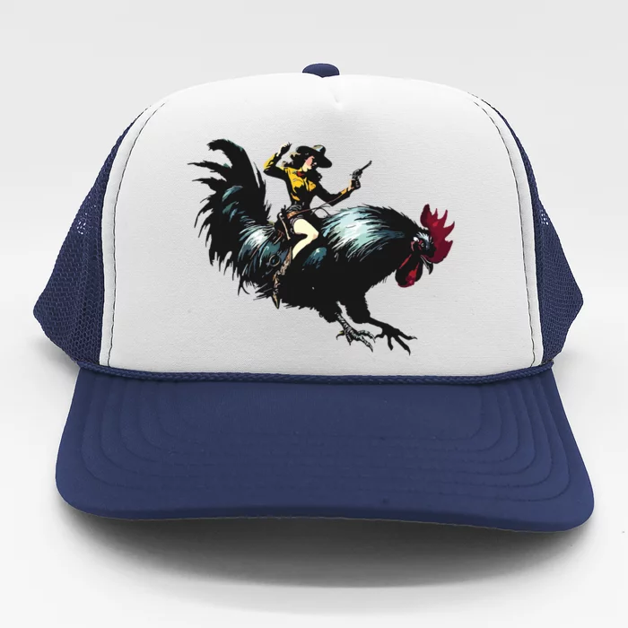 Cowgirl Riding Chicken Funny Retro Rodeo Rooster Trucker Hat