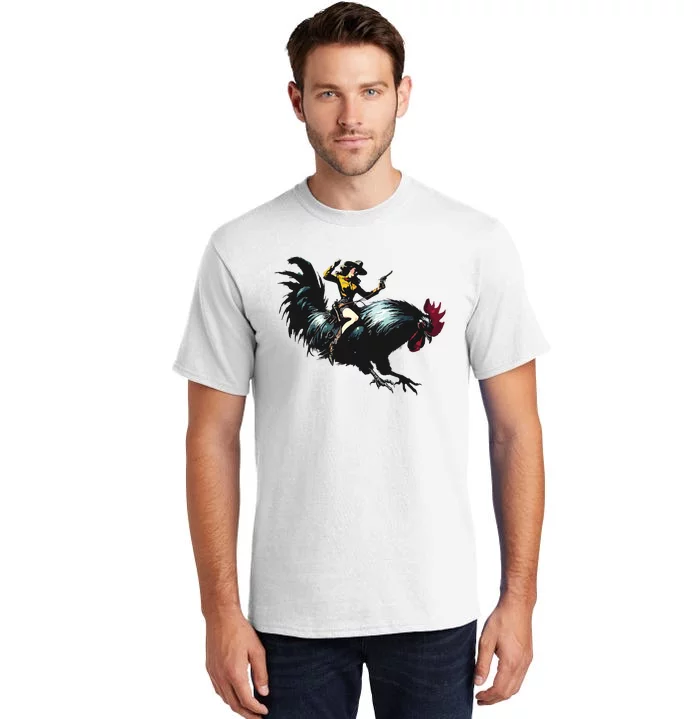 Cowgirl Riding Chicken Funny Retro Rodeo Rooster Tall T-Shirt