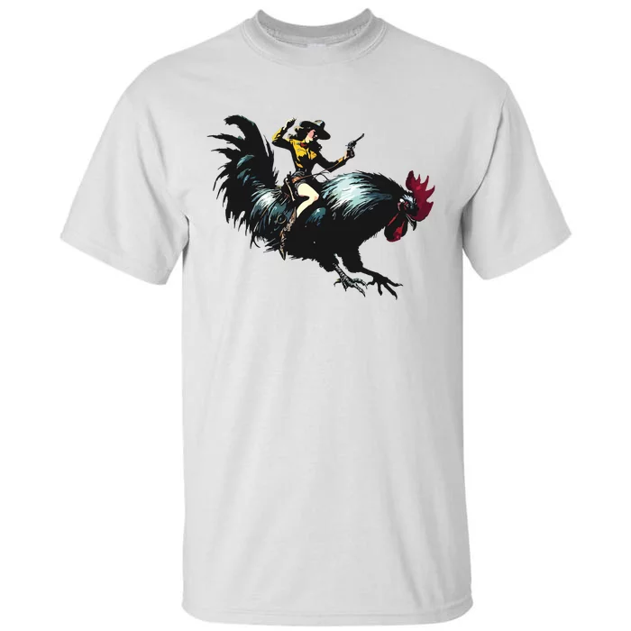 Cowgirl Riding Chicken Funny Retro Rodeo Rooster Tall T-Shirt