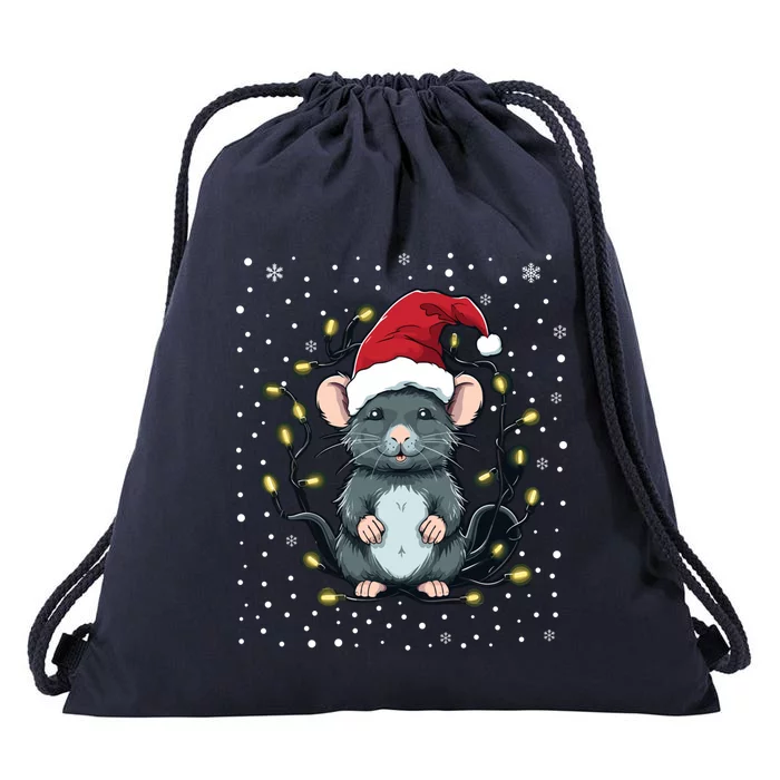 Cute Rat Christmas Lights Mouse Santa Hat Xmas Pajama Meaningful Gift Drawstring Bag