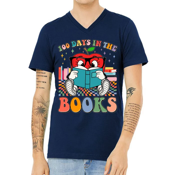 Cute Retro Cartoon Apple 100 Days Of Books V-Neck T-Shirt