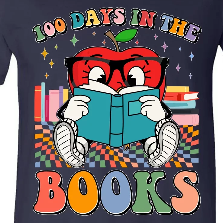 Cute Retro Cartoon Apple 100 Days Of Books V-Neck T-Shirt