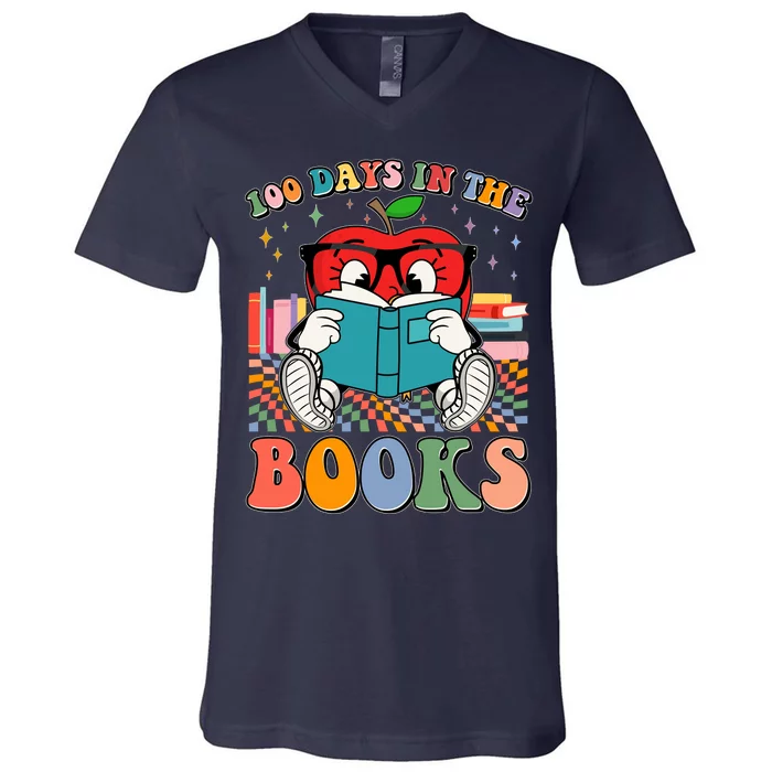 Cute Retro Cartoon Apple 100 Days Of Books V-Neck T-Shirt