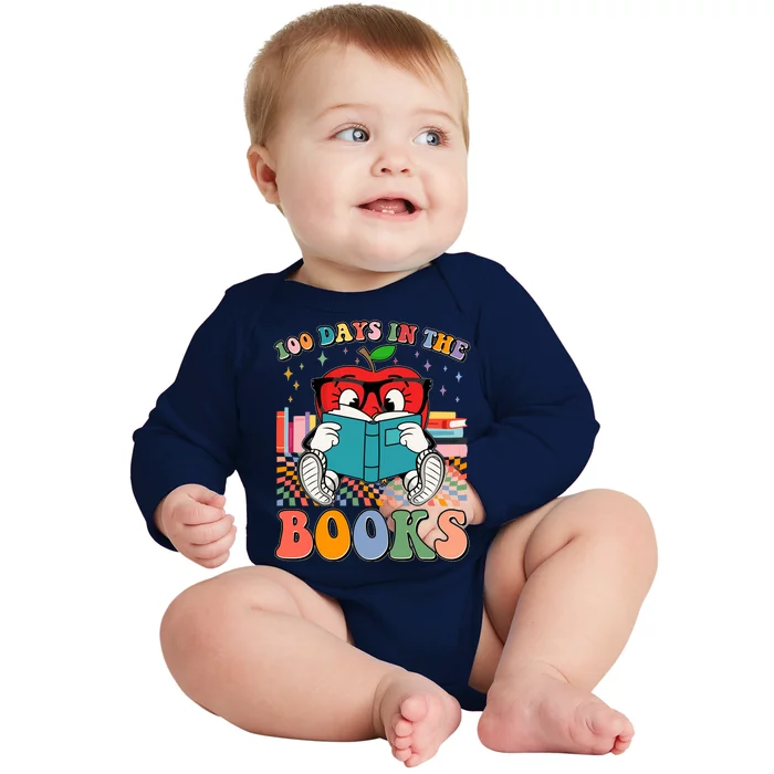 Cute Retro Cartoon Apple 100 Days Of Books Baby Long Sleeve Bodysuit