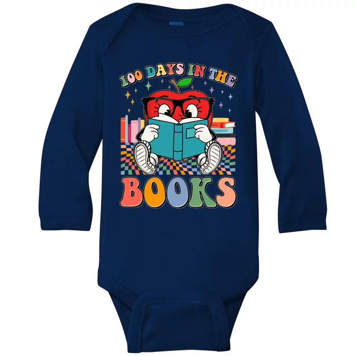 Cute Retro Cartoon Apple 100 Days Of Books Baby Long Sleeve Bodysuit