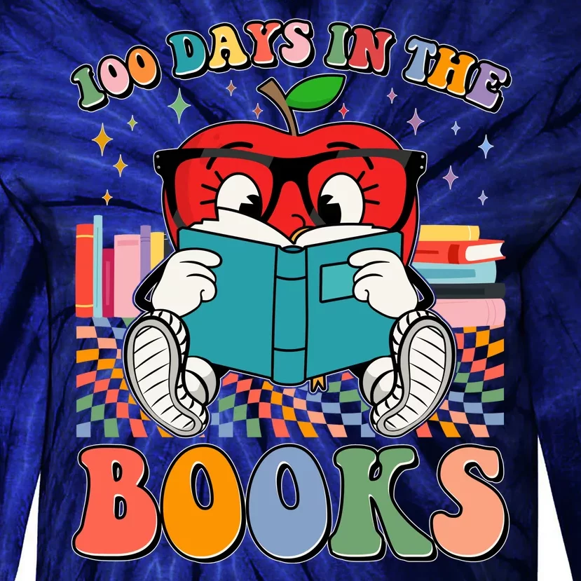 Cute Retro Cartoon Apple 100 Days Of Books Tie-Dye Long Sleeve Shirt