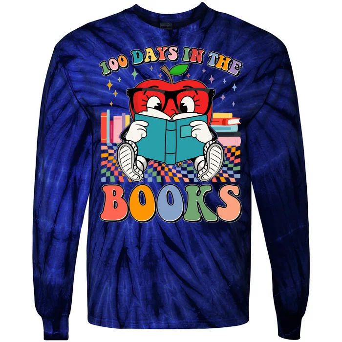 Cute Retro Cartoon Apple 100 Days Of Books Tie-Dye Long Sleeve Shirt