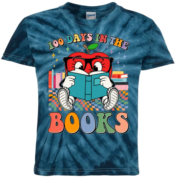 Cute Retro Cartoon Apple 100 Days Of Books Kids Tie-Dye T-Shirt