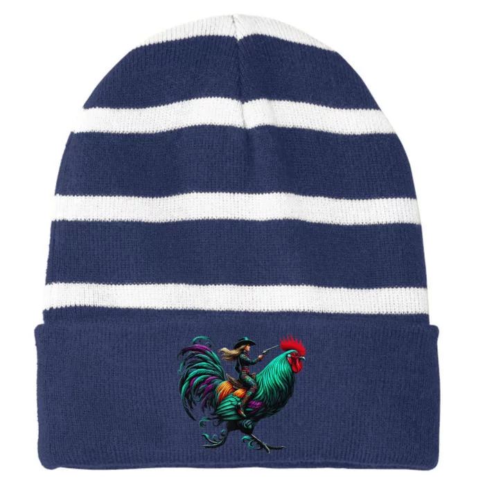 Cow Riding Chicken Striped Beanie with Solid Band