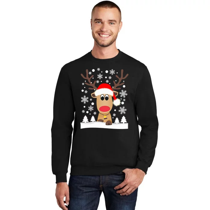 Cute Reindeer Christmas Elk Red Santa Hat Snow Snowflakes Gift Tall Sweatshirt