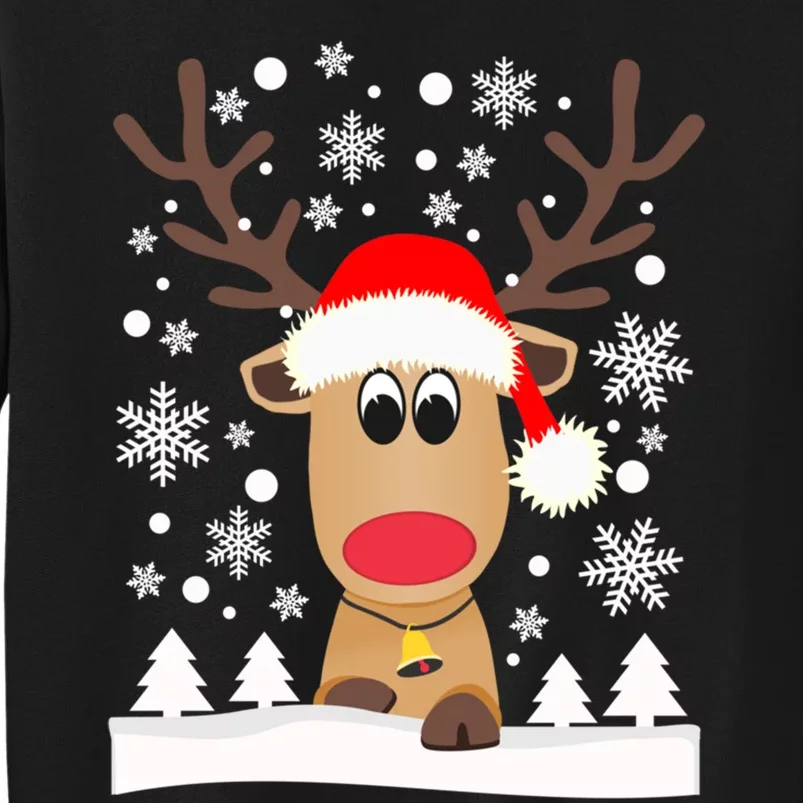 Cute Reindeer Christmas Elk Red Santa Hat Snow Snowflakes Gift Tall Sweatshirt