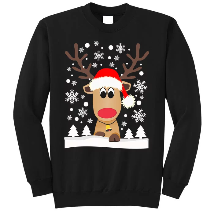 Cute Reindeer Christmas Elk Red Santa Hat Snow Snowflakes Gift Tall Sweatshirt