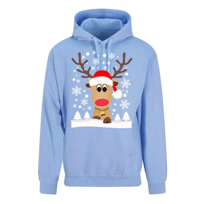 Cute Reindeer Christmas Elk Red Santa Hat Snow Snowflakes Gift Unisex Surf Hoodie