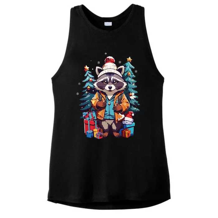 Christmas Raccoon Ladies Tri-Blend Wicking Tank