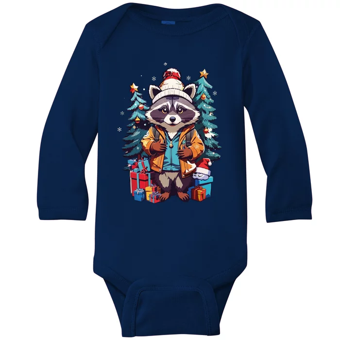 Christmas Raccoon Baby Long Sleeve Bodysuit