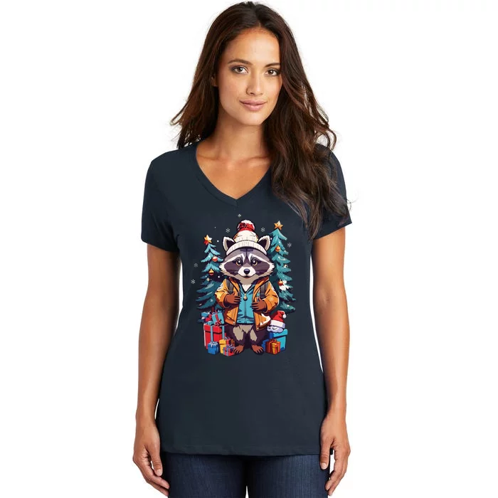 Christmas Raccoon Women's V-Neck T-Shirt