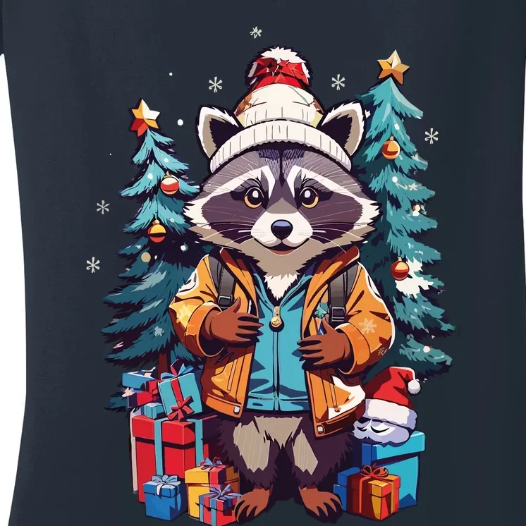 Christmas Raccoon Women's V-Neck T-Shirt