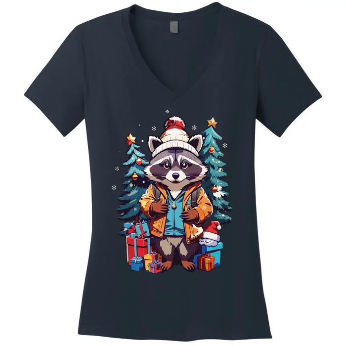 Christmas Raccoon Women's V-Neck T-Shirt