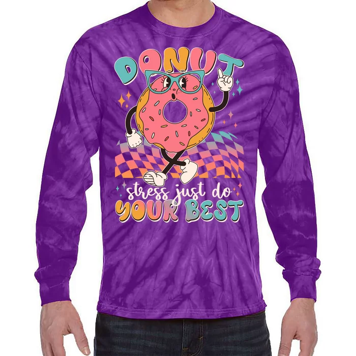 Cute Retro Cartoon Donut Stress Just Do Your Best Tie-Dye Long Sleeve Shirt