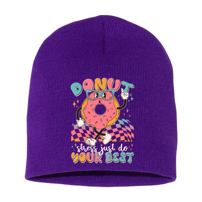 Cute Retro Cartoon Donut Stress Just Do Your Best Short Acrylic Beanie