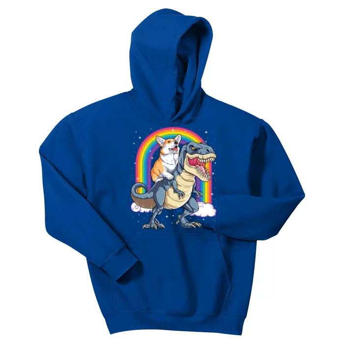 Corgi Riding Dinosaur T Rex Space Galaxy Rainbow Gift Kids Hoodie