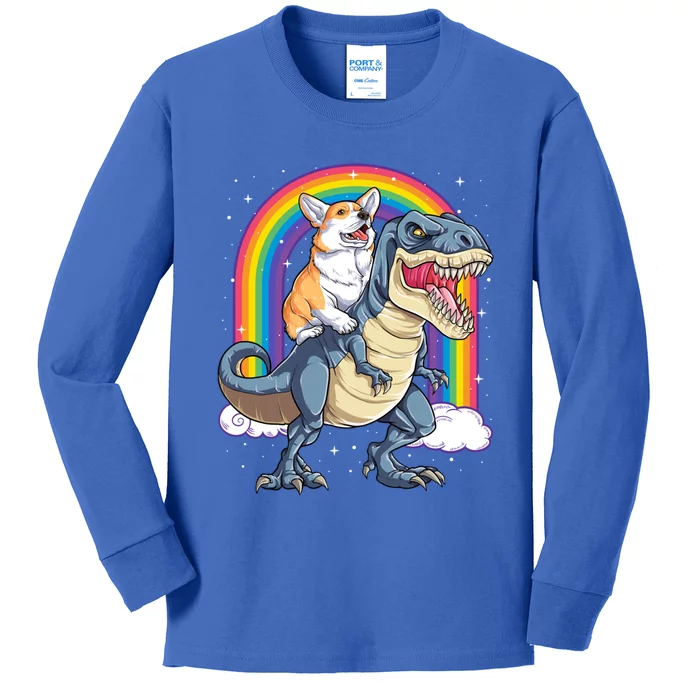 Corgi Riding Dinosaur T Rex Space Galaxy Rainbow Gift Kids Long Sleeve Shirt