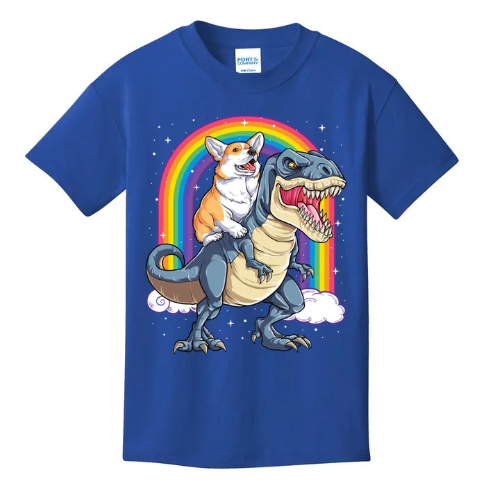 Corgi Riding Dinosaur T Rex Space Galaxy Rainbow Gift Kids T-Shirt