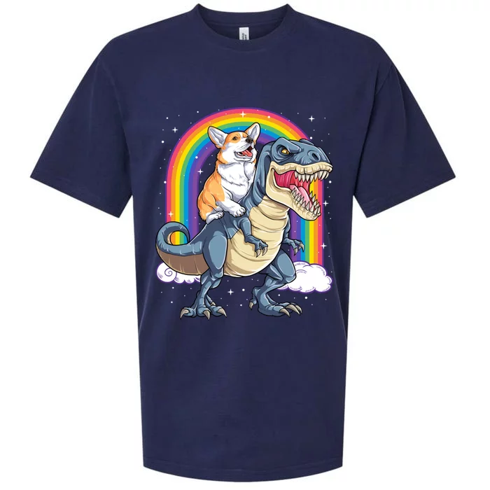 Corgi Riding Dinosaur T Rex Space Galaxy Rainbow Gift Sueded Cloud Jersey T-Shirt