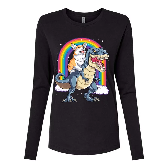 Corgi Riding Dinosaur T Rex Space Galaxy Rainbow Gift Womens Cotton Relaxed Long Sleeve T-Shirt