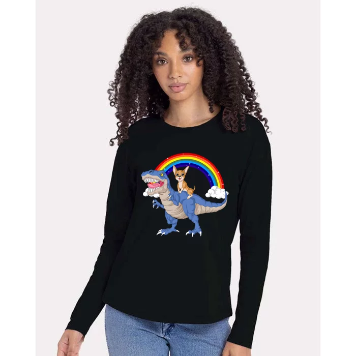 Chihuahua Riding Dinosaur Womens Cotton Relaxed Long Sleeve T-Shirt