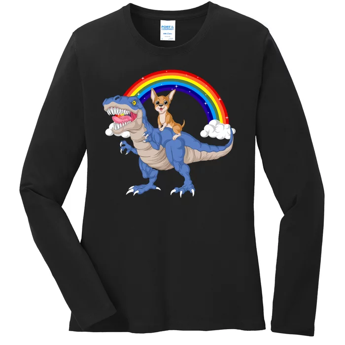 Chihuahua Riding Dinosaur Ladies Long Sleeve Shirt