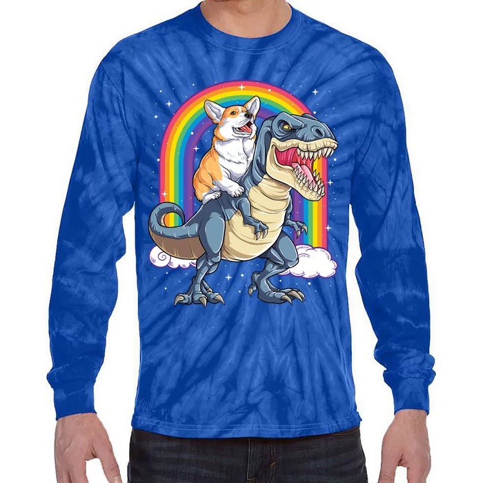 Corgi Riding Dinosaur T Rex Funny Gift Rainbow Funny Funny Gift Tie-Dye Long Sleeve Shirt