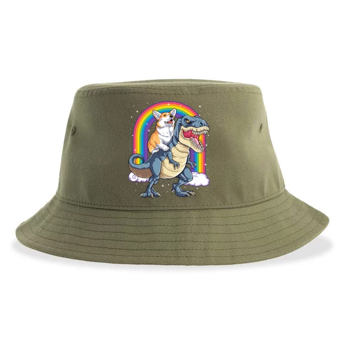 Corgi Riding Dinosaur T Rex Funny Gift Rainbow Funny Funny Gift Sustainable Bucket Hat