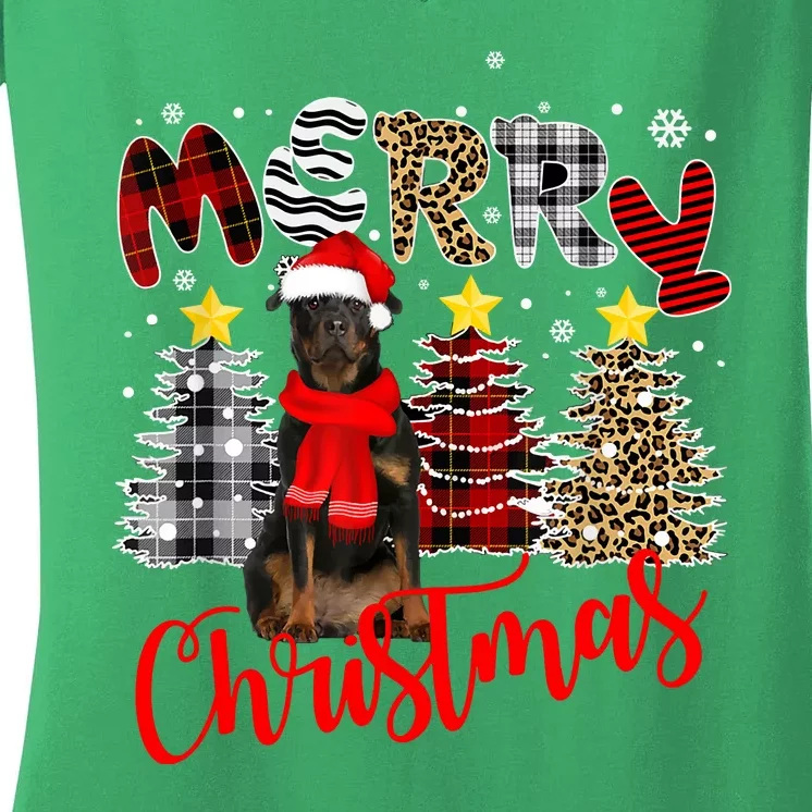 Christmas Rottweiler Dog Tree Lighting Rottweiler Xmas Pine Trees Gift Women's V-Neck T-Shirt