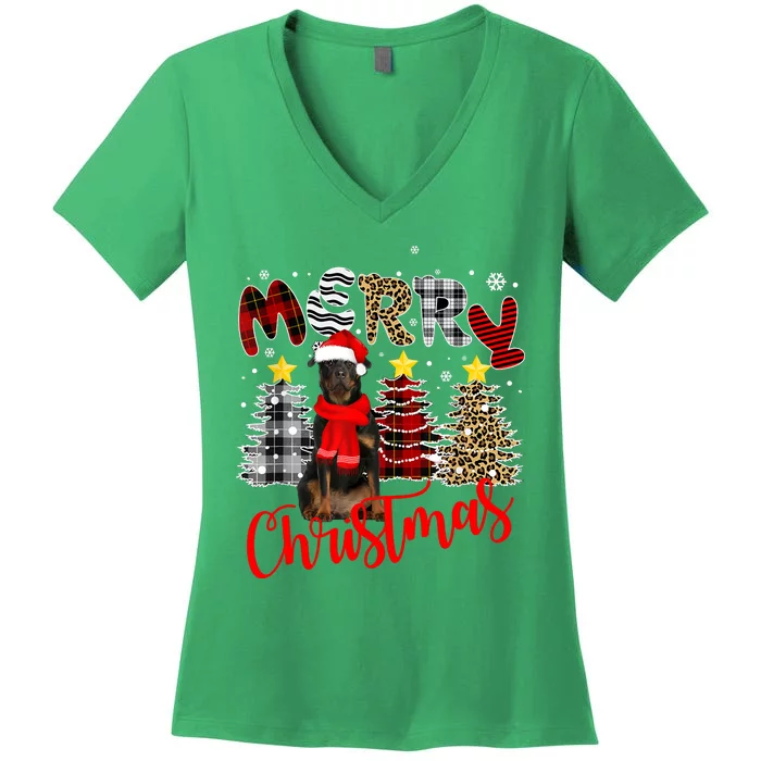 Christmas Rottweiler Dog Tree Lighting Rottweiler Xmas Pine Trees Gift Women's V-Neck T-Shirt